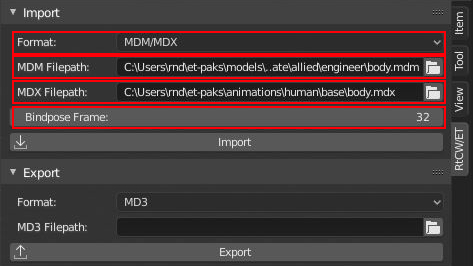 the import panel input fields